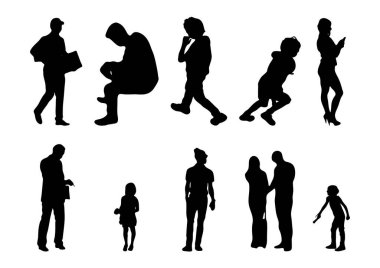 Vektör siluetleri, insanların ana hatları, Contour çizimleri, insanların siluetleri, ikon kümesi izole edilmiş, oturan insanların silueti, mimari set