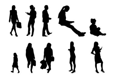 Vektör siluetleri, insanların ana hatları, Contour çizimleri, insanların siluetleri, ikon kümesi izole edilmiş, oturan insanların silueti, mimari set