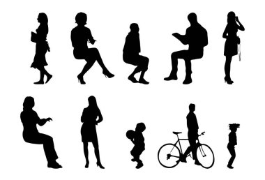 Vektör siluetleri, insanların ana hatları, Contour çizimleri, insanların siluetleri, ikon kümesi izole edilmiş, oturan insanların silueti, mimari set