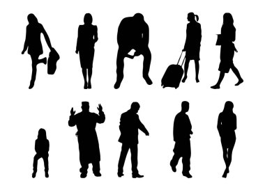 Vektör siluetleri, insanların ana hatları, Contour çizimleri, insanların siluetleri, ikon kümesi izole edilmiş, oturan insanların silueti, mimari set