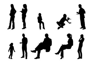 Vektör siluetleri, insanların ana hatları, Contour çizimleri, insanların siluetleri, ikon kümesi izole edilmiş, oturan insanların silueti, mimari set