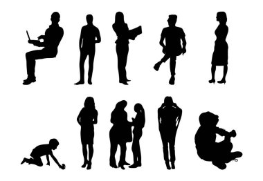 Vektör siluetleri, insanların ana hatları, Contour çizimleri, insanların siluetleri, ikon kümesi izole edilmiş, oturan insanların silueti, mimari set