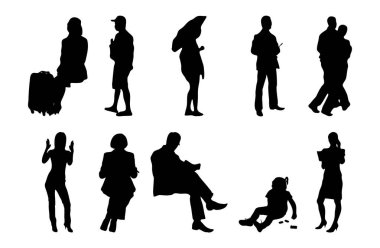 Vektör siluetleri, insanların ana hatları, Contour çizimleri, insanların siluetleri, ikon kümesi izole edilmiş, oturan insanların silueti, mimari set