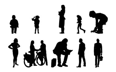 Vektör siluetleri, insanların ana hatları, Contour çizimleri, insanların siluetleri, ikon kümesi izole edilmiş, oturan insanların silueti, mimari set