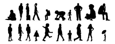 Vektör siluetleri, insanların ana hatları, Contour çizimleri, insanların siluetleri, ikon kümesi izole edilmiş, oturan insanların silueti, mimari set