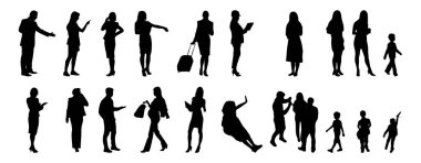 Vektör siluetleri, insanların ana hatları, Contour çizimleri, insanların siluetleri, ikon kümesi izole edilmiş, oturan insanların silueti, mimari set