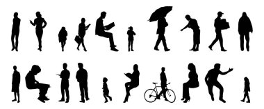 Vektör siluetleri, insanların ana hatları, Contour çizimleri, insanların siluetleri, ikon kümesi izole edilmiş, oturan insanların silueti, mimari set