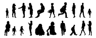 Vektör siluetleri, insanların ana hatları, Contour çizimleri, insanların siluetleri, ikon kümesi izole edilmiş, oturan insanların silueti, mimari set