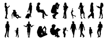 Vektör siluetleri, insanların ana hatları, Contour çizimleri, insanların siluetleri, ikon kümesi izole edilmiş, oturan insanların silueti, mimari set