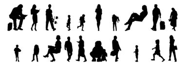 Vektör siluetleri, insanların ana hatları, Contour çizimleri, insanların siluetleri, ikon kümesi izole edilmiş, oturan insanların silueti, mimari set