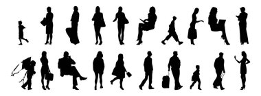 Vektör siluetleri, insanların ana hatları, Contour çizimleri, insanların siluetleri, ikon kümesi izole edilmiş, oturan insanların silueti, mimari set