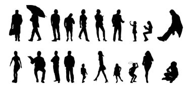 Vektör siluetleri, insanların ana hatları, Contour çizimleri, insanların siluetleri, ikon kümesi izole edilmiş, oturan insanların silueti, mimari set