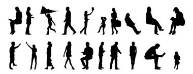 Vektör siluetleri, insanların ana hatları, Contour çizimleri, insanların siluetleri, ikon kümesi izole edilmiş, oturan insanların silueti, mimari set