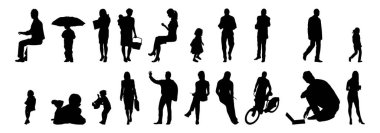 Vektör siluetleri, insanların ana hatları, Contour çizimleri, insanların siluetleri, ikon kümesi izole edilmiş, oturan insanların silueti, mimari set