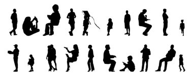 Vektör siluetleri, insanların ana hatları, Contour çizimleri, insanların siluetleri, ikon kümesi izole edilmiş, oturan insanların silueti, mimari set