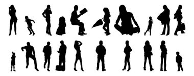 Vektör siluetleri, insanların ana hatları, Contour çizimleri, insanların siluetleri, ikon kümesi izole edilmiş, oturan insanların silueti, mimari set