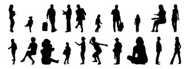 Vektör siluetleri, insanların ana hatları, Contour çizimleri, insanların siluetleri, ikon kümesi izole edilmiş, oturan insanların silueti, mimari set