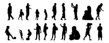 Vektör siluetleri, insanların ana hatları, Contour çizimleri, insanların siluetleri, ikon kümesi izole edilmiş, oturan insanların silueti, mimari set