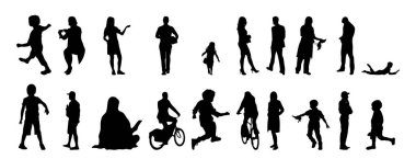 Vektör siluetleri, insanların ana hatları, Contour çizimleri, insanların siluetleri, ikon kümesi izole edilmiş, oturan insanların silueti, mimari set