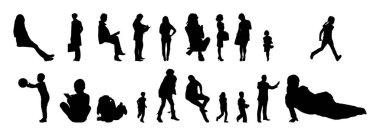 Vektör siluetleri, insanların ana hatları, Contour çizimleri, insanların siluetleri, ikon kümesi izole edilmiş, oturan insanların silueti, mimari set