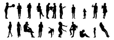 Vektör siluetleri, insanların ana hatları, Contour çizimleri, insanların siluetleri, ikon kümesi izole edilmiş, oturan insanların silueti, mimari set