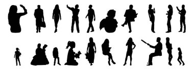 Vektör siluetleri, insanların ana hatları, Contour çizimleri, insanların siluetleri, ikon kümesi izole edilmiş, oturan insanların silueti, mimari set