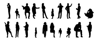 Vektör siluetleri, insanların ana hatları, Contour çizimleri, insanların siluetleri, ikon kümesi izole edilmiş, oturan insanların silueti, mimari set