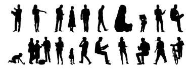 Vektör siluetleri, insanların ana hatları, Contour çizimleri, insanların siluetleri, ikon kümesi izole edilmiş, oturan insanların silueti, mimari set