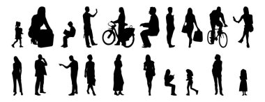 Vektör siluetleri, insanların ana hatları, Contour çizimleri, insanların siluetleri, ikon kümesi izole edilmiş, oturan insanların silueti, mimari set