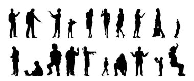 Vektör siluetleri, insanların ana hatları, Contour çizimleri, insanların siluetleri, ikon kümesi izole edilmiş, oturan insanların silueti, mimari set