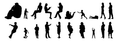 Vektör siluetleri, insanların ana hatları, Contour çizimleri, insanların siluetleri, ikon kümesi izole edilmiş, oturan insanların silueti, mimari set