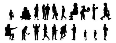 Vektör siluetleri, insanların ana hatları, Contour çizimleri, insanların siluetleri, ikon kümesi izole edilmiş, oturan insanların silueti, mimari set