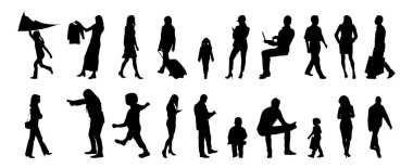 Vektör siluetleri, insanların ana hatları, Contour çizimleri, insanların siluetleri, ikon kümesi izole edilmiş, oturan insanların silueti, mimari set
