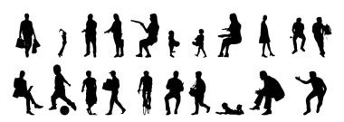 Vektör siluetleri, insanların ana hatları, Contour çizimleri, insanların siluetleri, ikon kümesi izole edilmiş, oturan insanların silueti, mimari set