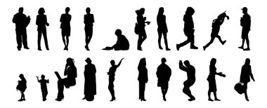 Vektör siluetleri, insanların ana hatları, Contour çizimleri, insanların siluetleri, ikon kümesi izole edilmiş, oturan insanların silueti, mimari set