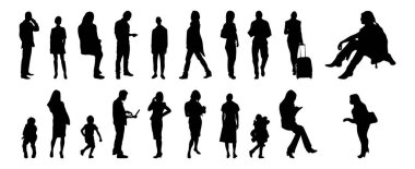 Vektör siluetleri, insanların ana hatları, Contour çizimleri, insanların siluetleri, ikon kümesi izole edilmiş, oturan insanların silueti, mimari set