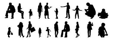 Vektör siluetleri, insanların ana hatları, Contour çizimleri, insanların siluetleri, ikon kümesi izole edilmiş, oturan insanların silueti, mimari set