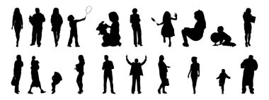 Vektör siluetleri, insanların ana hatları, Contour çizimleri, insanların siluetleri, ikon kümesi izole edilmiş, oturan insanların silueti, mimari set
