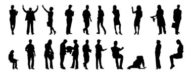 Vektör siluetleri, insanların ana hatları, Contour çizimleri, insanların siluetleri, ikon kümesi izole edilmiş, oturan insanların silueti, mimari set