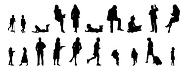 Vektör siluetleri, insanların ana hatları, Contour çizimleri, insanların siluetleri, ikon kümesi izole edilmiş, oturan insanların silueti, mimari set