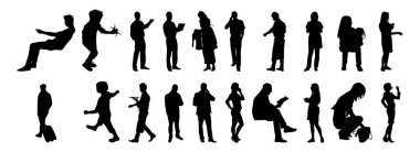 Vektör siluetleri, insanların ana hatları, Contour çizimleri, insanların siluetleri, ikon kümesi izole edilmiş, oturan insanların silueti, mimari set