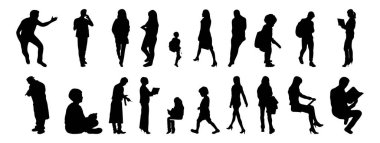 Vektör siluetleri, insanların ana hatları, Contour çizimleri, insanların siluetleri, ikon kümesi izole edilmiş, oturan insanların silueti, mimari set