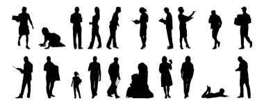 Vektör siluetleri, insanların ana hatları, Contour çizimleri, insanların siluetleri, ikon kümesi izole edilmiş, oturan insanların silueti, mimari set
