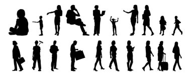 Vektör siluetleri, insanların ana hatları, Contour çizimleri, insanların siluetleri, ikon kümesi izole edilmiş, oturan insanların silueti, mimari set