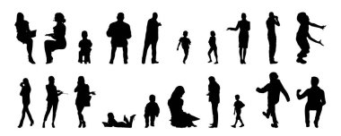 Vektör siluetleri, insanların ana hatları, Contour çizimleri, insanların siluetleri, ikon kümesi izole edilmiş, oturan insanların silueti, mimari set