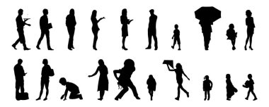 Vektör siluetleri, insanların ana hatları, Contour çizimleri, insanların siluetleri, ikon kümesi izole edilmiş, oturan insanların silueti, mimari set
