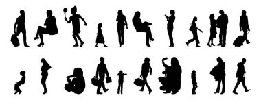 Vektör siluetleri, insanların ana hatları, Contour çizimleri, insanların siluetleri, ikon kümesi izole edilmiş, oturan insanların silueti, mimari set