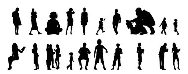 Vektör siluetleri, insanların ana hatları, Contour çizimleri, insanların siluetleri, ikon kümesi izole edilmiş, oturan insanların silueti, mimari set