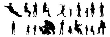 Vektör siluetleri, insanların ana hatları, Contour çizimleri, insanların siluetleri, ikon kümesi izole edilmiş, oturan insanların silueti, mimari set