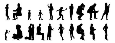 Vektör siluetleri, insanların ana hatları, Contour çizimleri, insanların siluetleri, ikon kümesi izole edilmiş, oturan insanların silueti, mimari set